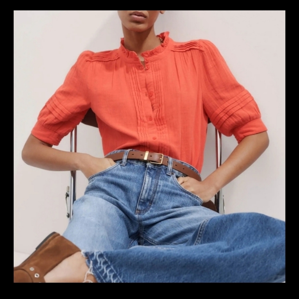 ME+EM Coral Red Pintuck Sleeve Blouse